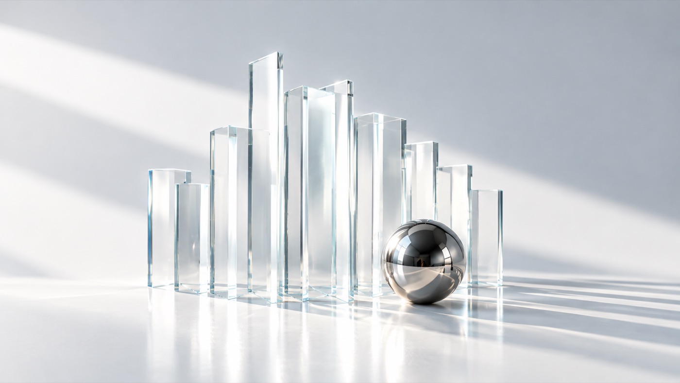 Clear glass columns rising in a skyline, with a polished chrome sphere at their base